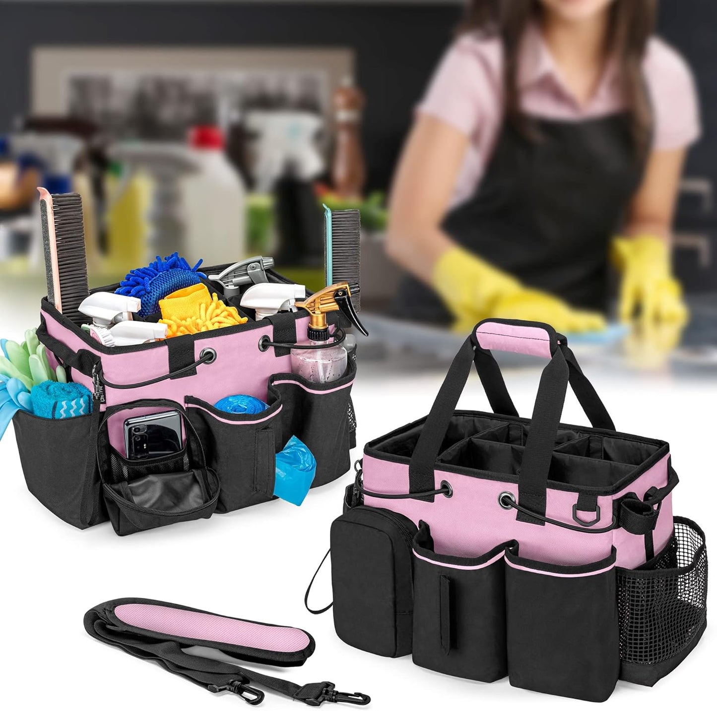 LoDrid Large Professional Cleaning Caddy with Detachable Divider, Supply Organizer with Handle and Shoulder Strap, Cleaning Bags for Housekeepers & Cleaners, Pink