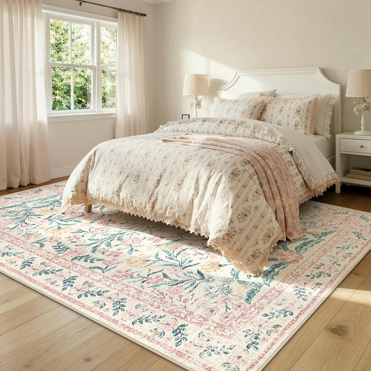 Morebes Pink Floral Rugs for Living Room, Boho Washable 8x10 Area Rug for Bedroom Girls, Soft Non Slip Low Pile Indoor Carpet for Dining Room Kids Room Playroom Toddler Nursery Decor