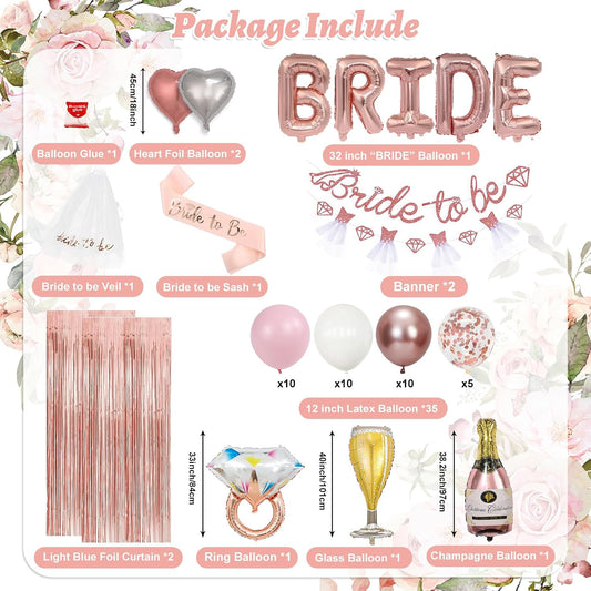 Pink Bachelorette Party Decorations, Rose Gold Bridal Shower Decorations, Bride to Be Banner, 32 inches BRIDE Balloons, Bridal Sash Veil, Fringe Curtains for Engagement Wedding Party Supplies