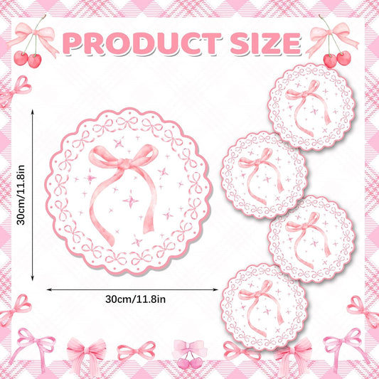 24 PCS 11.8 Inch Round Pink Bow Disposable Paper Placemats, Decorative Scalloped Edge Table Mats, Pink Bow Themed Place Mats for Bachelorette, Bridal Shower, Wedding, Birthday Party Table Setting