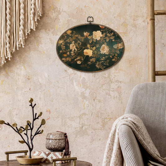 Sviojuce Vintage Dark Green Floral Oval Wall Art Decor 8.7x11.3, Peach Flowers Botanical Framed Canvas Prints Wall Artwork, Moody Wall Hanging Decor for Farmhouse Bedroom Living Room Decorations