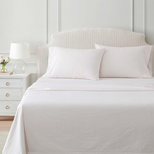 Martha Stewart - Full Size Sheets Set, Crisp & Tailored Cooling Sheets with a Smooth Cotton Percale Lightweight Feel - Bed Sheets with Matching Pillowcases & Fitted Sheet (Ticking Stripe Pink)