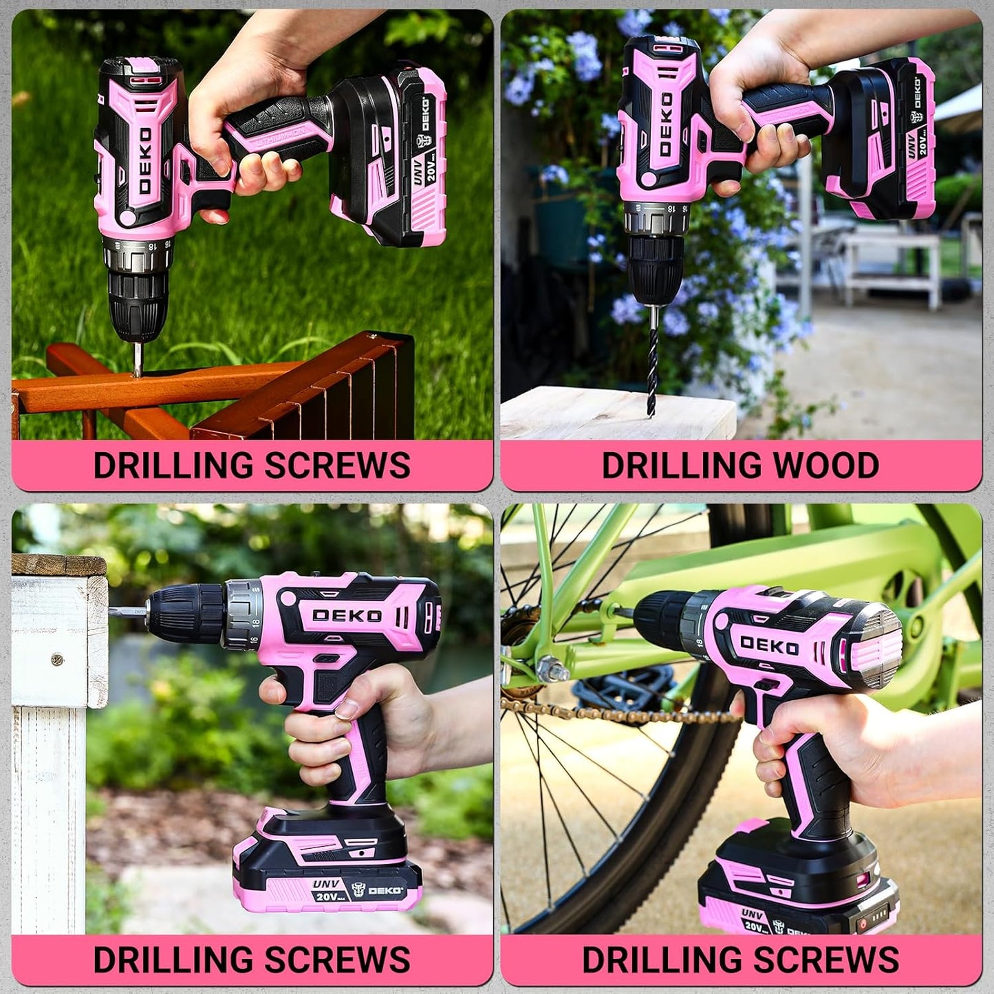 Power Drill Cordless: DEKOPRO 20V Electric Drills with 3/8-Inch Keyless Chuck, Variable Speed, Power Cordless Drill Set Tool with 2 Batteries, Charger&30 Accessories(Pink)