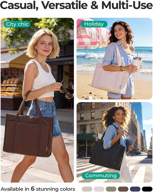 BAGSMART Tote Bag for Women, 2Pc Puffy Tote Bag Set with Zipper, Quilted Large Work Teacher Bag for Travel
