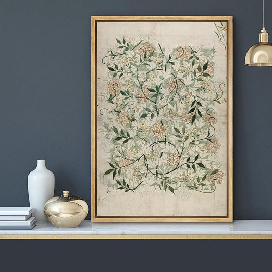 MUDECOR Framed Canvas Print Wall Art Floral Elegance Vintage Botanical White and Peach Flowers Illustrations Realism Decorative Panoramic Earth for Living Room, Bedroom, Office - 24"x36" Natural