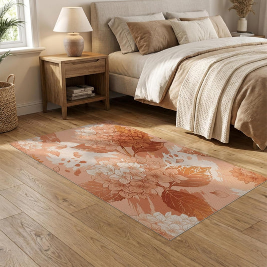 5'x7' Washable Flatwoven Rug, Peach Watercolor Floral Stain Resistant Area Rug Non-Slip Low Profile Floor Covering for Guest Room, Lounge, Apartment | Ref:2082414