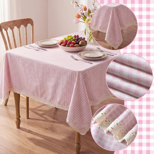 Moukeren Pink and White Gingham Tablecloth with Lace Trim Vintage Plaid Tablecloth Checkered Table Cloth 52x70inch Rectangular Washable Farmhouse Table Decorations for Kitchen Dining
