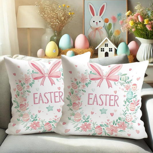 Easter Pillow Covers Set of 2, Pastel Peach Floral Wreath Decorative Throw Cushion Covers, Spring Festival Home Sofa Bed Decor, Cute Egg and Bow Design 20x20 Inch