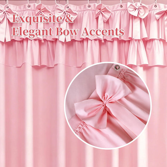 Pink Cottagecore Shower Curtain with Bows - Ruffled Farmhouse Bathroom Decor, Vintage Country Chic Fabric Curtain Sets, Machine Washable, 72x72