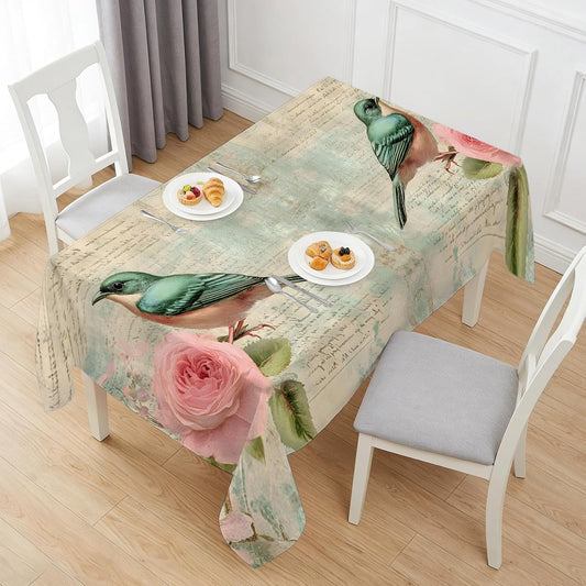 Pink Rose Farmhouse Bird Rectangle Tablecloth 60x120 Inches,Vintage Newspaper Texture Waterproof Oil-Proof Table Cloth Table Cover for Dinner,Picnic,Indoor/Outdoor Party