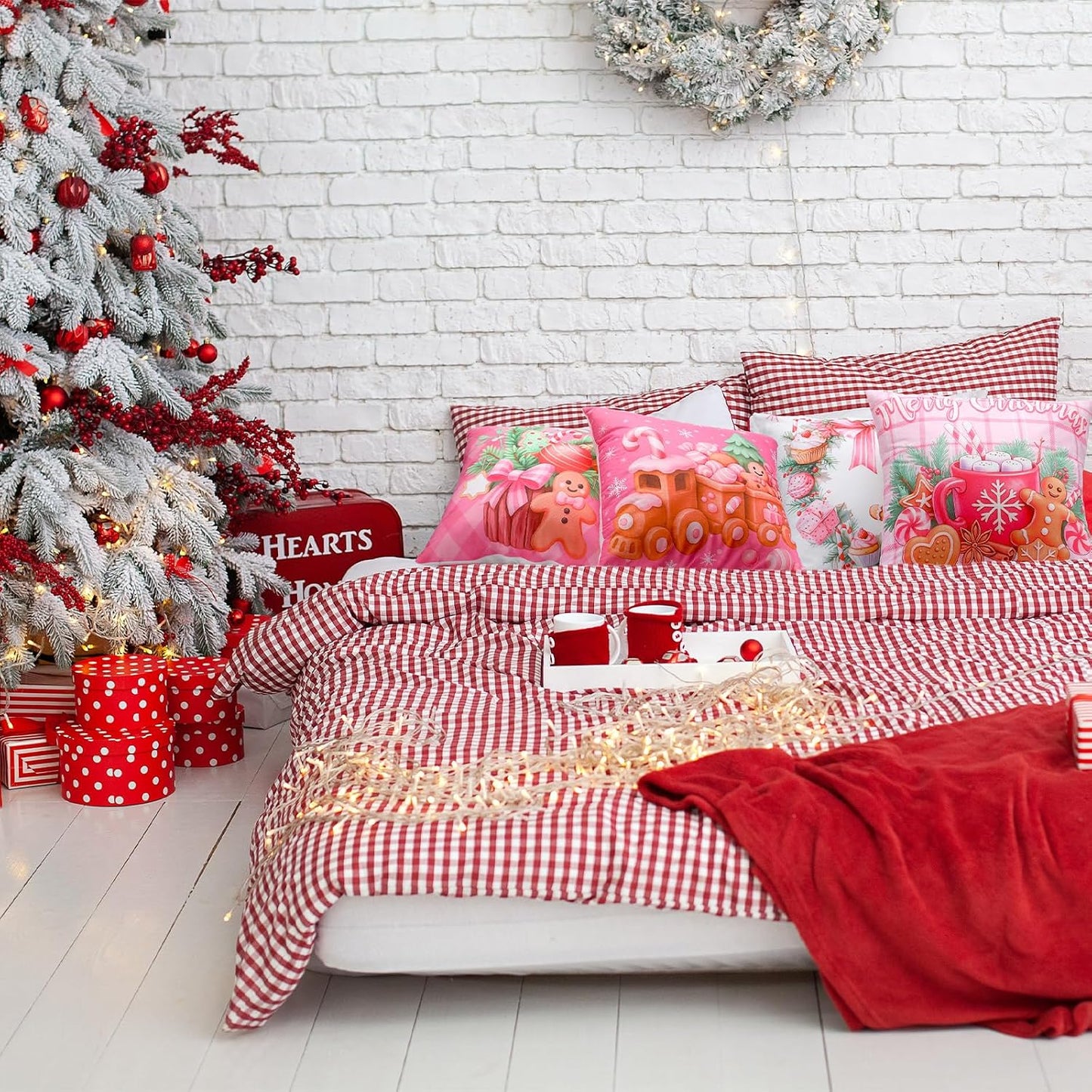 Fanfanwin 6 Pcs Pink Christmas Gingerbread Throw Pillow Covers 18 x 18 Inch Gingerbread House Truck Hot Cocoa Pink Christmas Decorative Pillow Cases for Xmas Sofa Couch Decor (Classic)