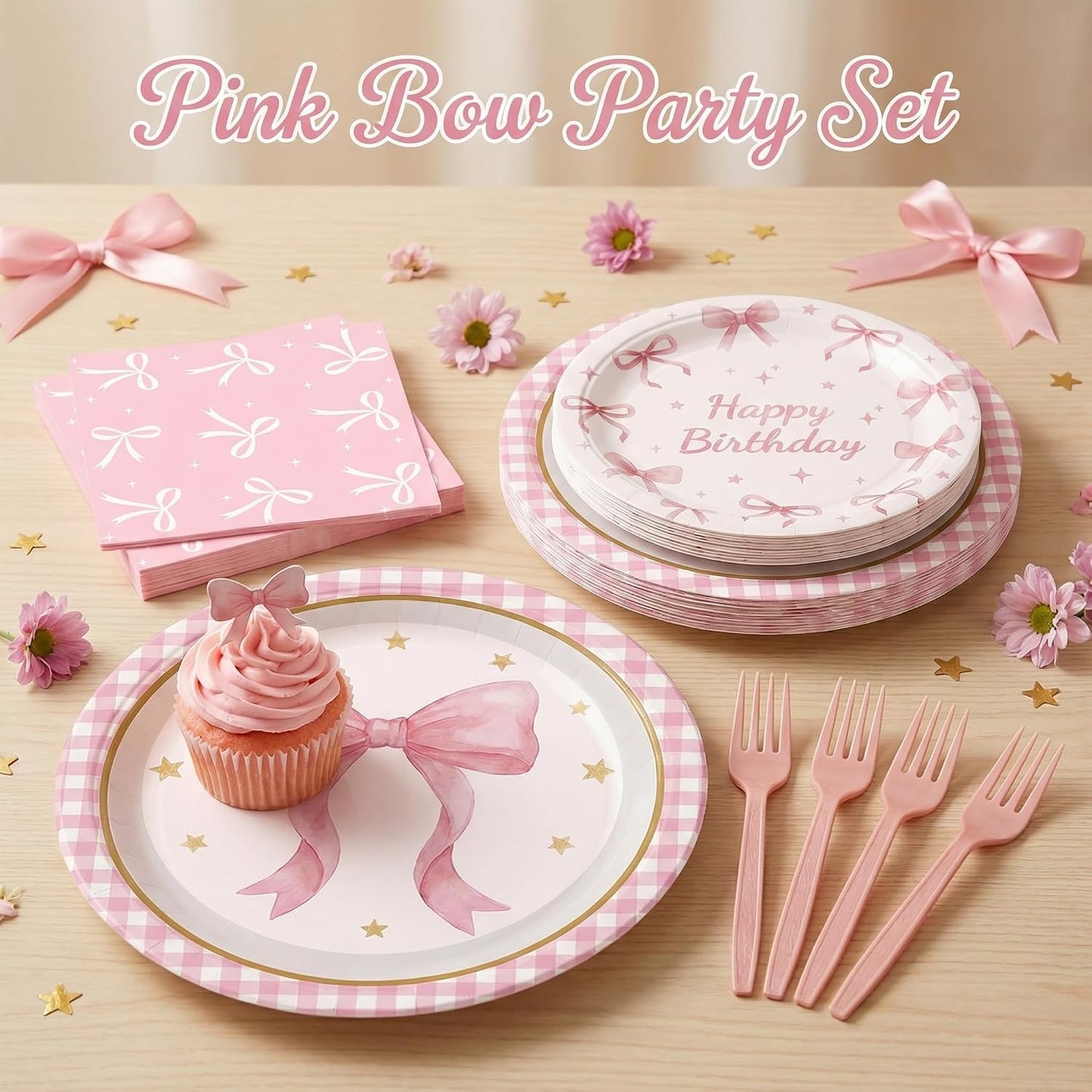 ArtSocket 96 Pcs Pink Bow Party Decorations Tableware Set, Coquette Disposable Dessert Plates Napkins Forks for Table Decorations Favors for Kids Girls Baby Shower Birthday Party Serve 24 Guests