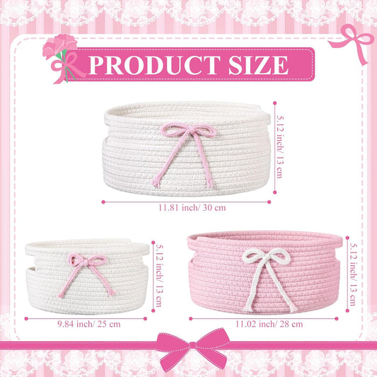 Breling 3 Pieces Pink Bow Baskets Coquette Bow Cotton Rope Storage Basket Pink Woven Gift Baskets Laundry Hamper Rope Bin with Handles for Decoration Organization Storage for Nursery, Pet Toy Basket