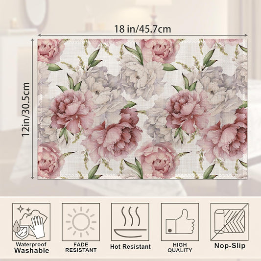 Placemats,Pink White Peony Flower Placemats 12x18 Inch Waterproof Non-Slip Washable Table Mats for Kitchen Dining Party Table Decor,Set of 6