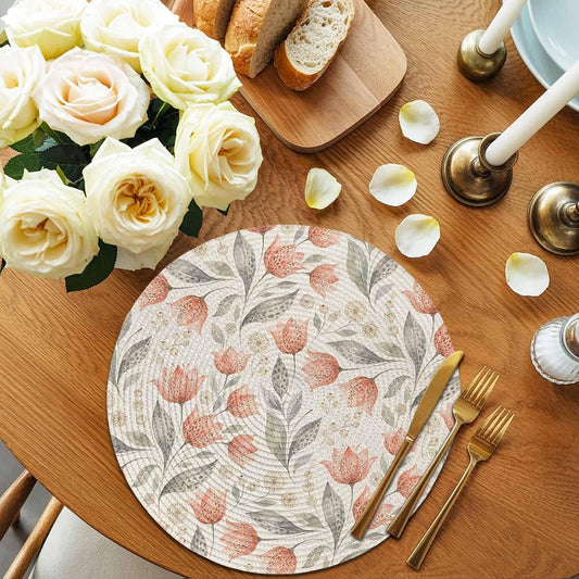 Peach Floral Round Placemats Set of 4 for Dinning Tables,Heat-Proof Braided Table Mats 15 Inch,Farmhouse Botanical Garden Flowers Washable Place Mat for Kitchen Restaurant Party Decor Table Setting