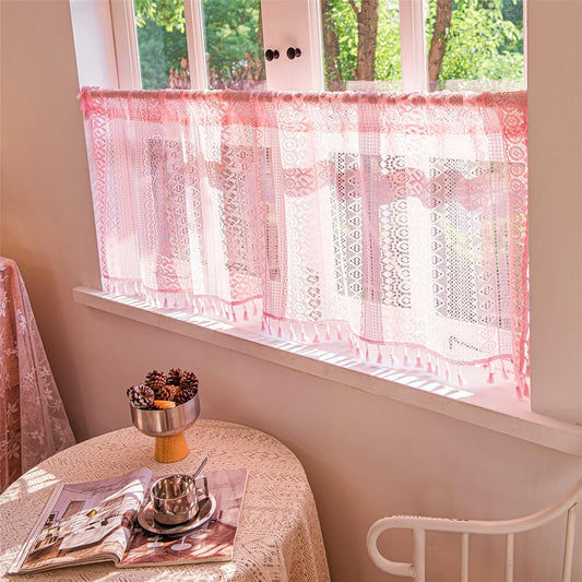 Deeprove Pink Boho Curtain Valance 18 Inch Length for Kitchen Cafe Short Bohemian Sheer Lace Crochet Curtain Knitting Tassel for Girl Nursery Bedroom Vintage Window Treatment Decor W59 x L18, 1 Panel