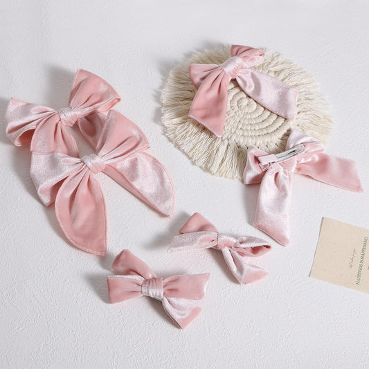 Velvet Hair Accessories 6pc 5"& 3.5"&4" Handmade Light Pink Knot Bows Ponytail Alligator Clip for Teen Toddler Girls Women Birthday Tutu Valentines Party Dress Decor Accessory Gift