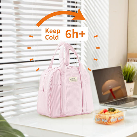 Insulated Lunch Bag for Women, 6-Hour Cold Retention Cooler Tote with Sturdy Handle, 15-Can Spacious Capacity, Leakproof Corduroy Fabric & Aluminum Foil Lining, (Pink)