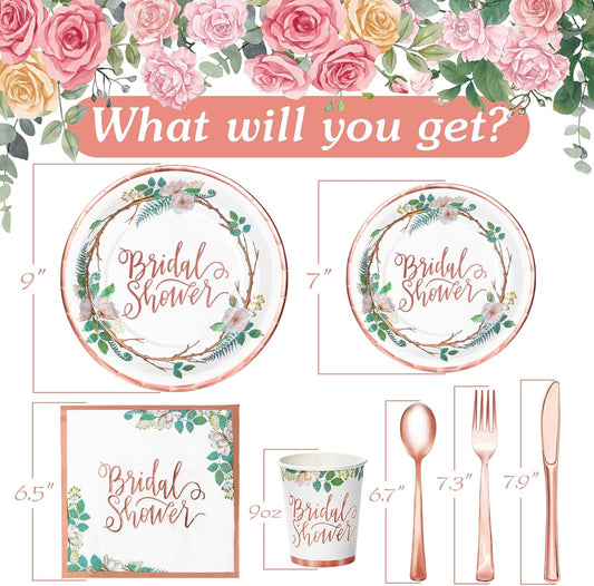 Rose Gold Bridal Shower Decorations, 168Pcs Bridal Shower Plates and Napkins Sets, Floral Paper Plates Serve 24, Love is In Bloom, Bride To Be, Wedding Shower, Bachelorette Party