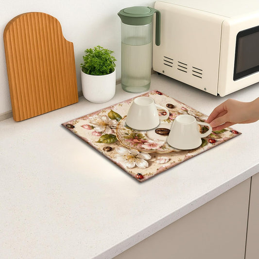 Floral Dish Drying Mats for Kitchen Counter, Vintage Peach Absorbent Drainer Rack Mat, Spring Rustic Microfiber Drying Pad for Coffee Bar Protector 16x18 Inch
