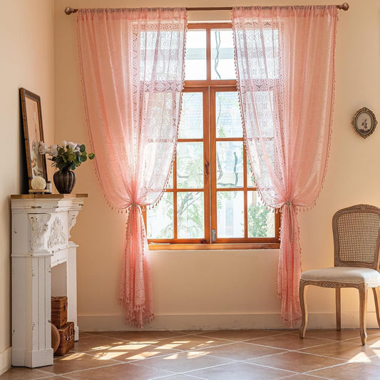 YJ YANJUN Boho Lace Curtains 84 inches Long 2 Panels -Vintage Floral Crochet Sheer Panels with Tassel for Living Room Bedroom Light Filtering Cute Princess Girls Cottage Drapes Light Pink W59 x L84