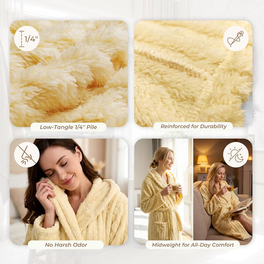HEARTNICE Fuzzy Soft Robes for Women, Long Plush Hooded Robe Fluffy Warm Bathrobes