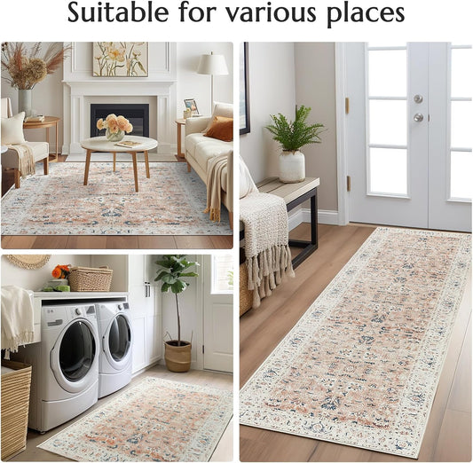 jinchan Area Rug 5x7 Living Room Rug - Washable Vintage Boho Floral Print Floor Cover Lightweight Low Pile Thin Non-Slip Retro Distressed Carpet for Bedroom Dining Room Kitchen Office Pink Blush