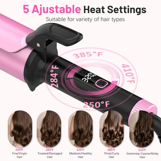 Large Curling Iron 2 Inch,Large Barrel Curling Iron for Long Hair,Dual Voltage Curling Iron 110-240V with European Plug,Curling Wand with Clamp for Loose Curls,5 Temp Digital Display,Temp Lock