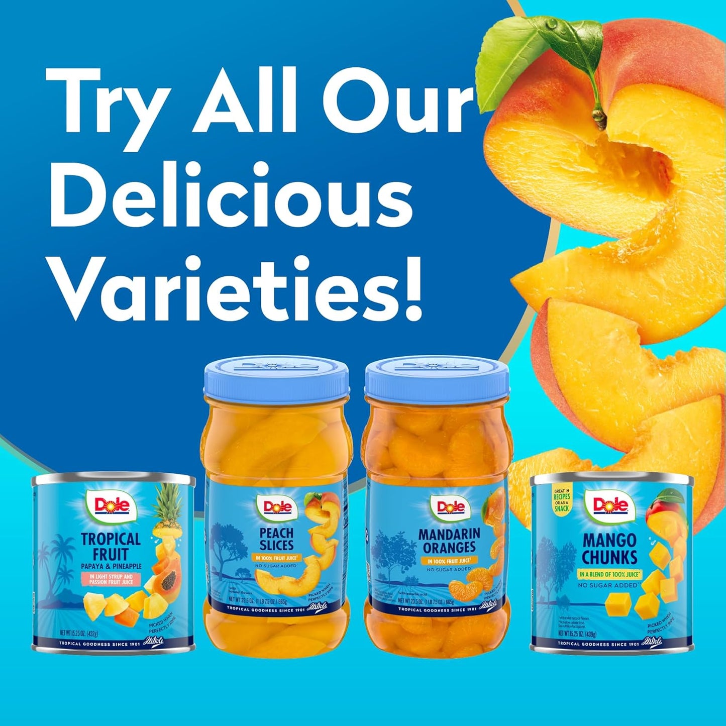 Dole Sliced Peaches in 100% Fruit Juice - Dole Resealable Fruit Jars - Rich Source of Vitamin C - 23.5 oz - 8 Pack