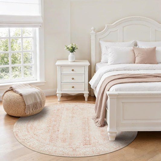 BILEEHOME Round Rug 4x4 Feet 4ft Washable Area Rug Boho Farmhouse Vintage Indoor Floor Cover,Floral Print Blush Pink Circle 4' Round Kitchen Living Room Bedroom Dining Room