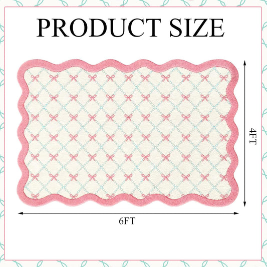 Drydiet Rug Boho Area Rugs 4'x6' Cute Sweet Scalloped Throw Rugs Aesthetic Soft Bedroom Carpet for Living Room Dining Playroom Nursery Family Indoor Dorm(Pink Bow)