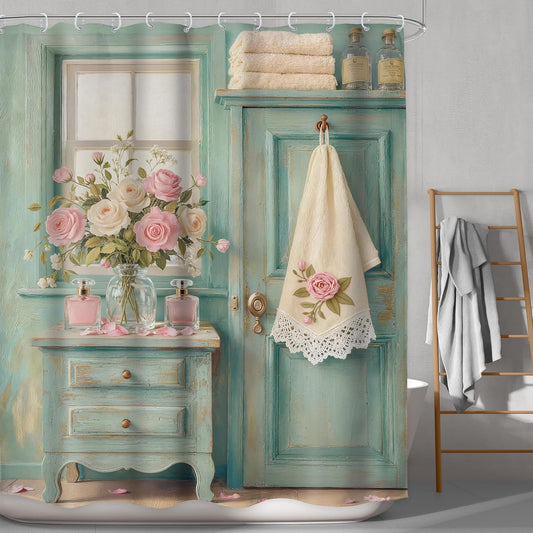 Rustic Floral Shower Curtain Bathroom Set 60Wx71H Inches Retro Turquoise Farmhouse Green Pink Flower Rose Wood Plank Country Bath Accessories Girls Girly Art Home Decor Fabric 12 Pack Hooks