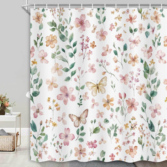Watercolor Floral Shower Curtain, Cute Elegant Peach Pink Flower Botanical Sage Green Leaves Spring Modern Minimalist Shower Curtain for Bathroom, Fabric Shower Curtain Set with Hooks 72x72 Inch