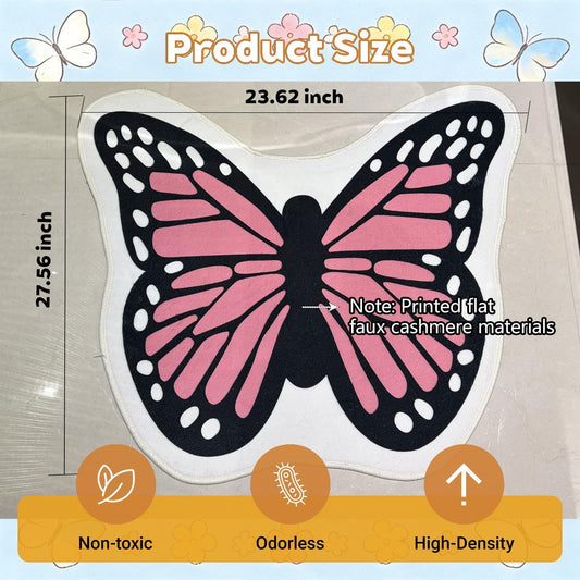Butterfly Shaped Bath Rug 27" x 23" Non-Slip Cute Thin Fluffy Entrance Door Mat, Small Area Accent Indoor Rug for Bathroom Bedroom Garden House, Absorbent Washable Quick Dry, Pink