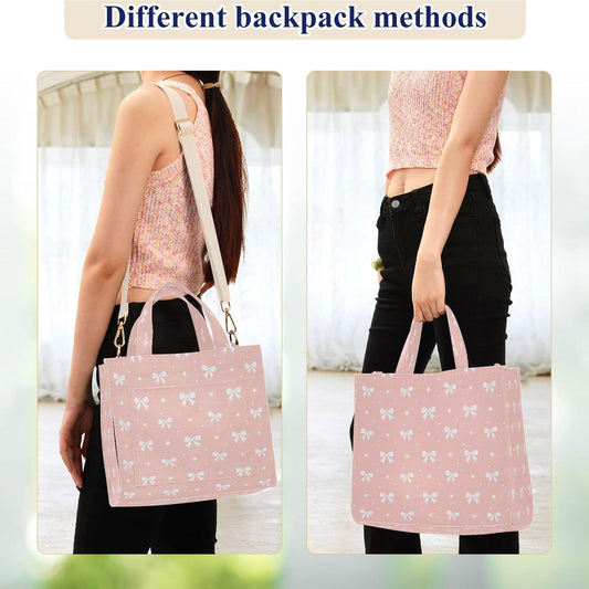 Burbuja Bows on Peach Pink Tote Bag for Women, Corduroy Tote Handbag Crossbody Bag for Shopping Work Travel