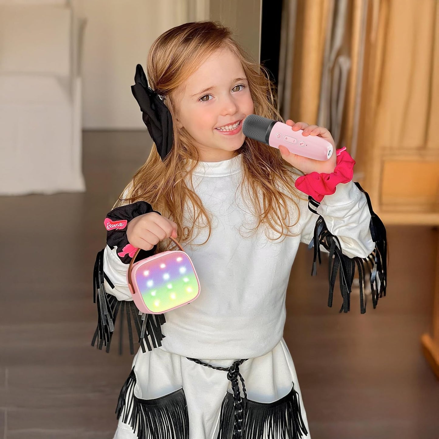 YLL Mini Karaoke Machine for Kids Adults, Portable Bluetooth Speaker with 2 Wireless Microphones, Trendy Birthday Gifts Toys for Girls Ages 3, 4, 5, 6, 7, 8, 9, 10+ Years Old Home Family Party (P-ink)