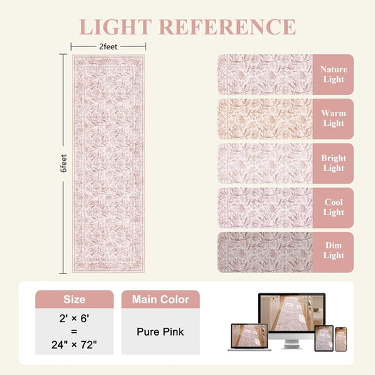 DUKINO 2x6 Rug for Hallway, Vintage Floral Non Slip Kitchen Runner Rug with Washable & Lightweight, Soft Low Pile Indoor Stain Resistant Carpet for Entryway, Bedroom, Bathroom, Laundry, Light Pink
