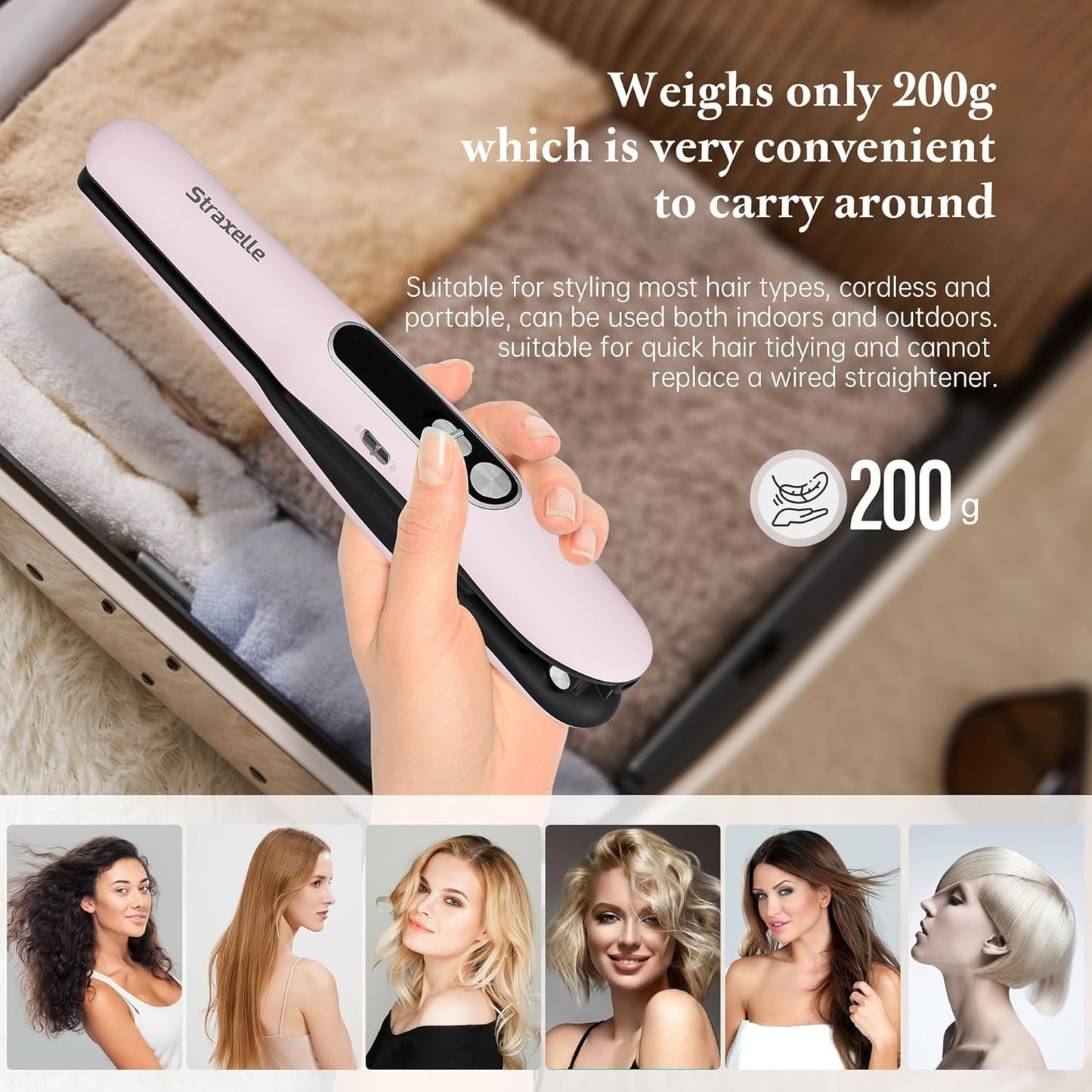 Mini Cordless Hair Straightener and Curler 2 in 1, Mini Portable Flat Iron Adjustable 350°F-420°F Travel Hair Straighteners LED Display/5000mAh Ceramic Flat Iron Hair Straightener for Women Men(Pink)