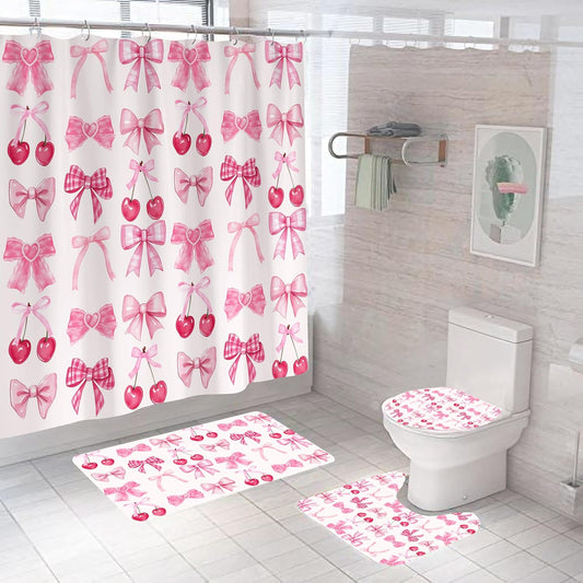 4PCS Pink Bow Shower Curtains Set, with Non-Slip Rugs, Toilet Lid Cover and Bath Mat, Watercolor Aesthetic Cute Cherry Fruit Fabric Shower Curtain for Bathroom Decor, Waterproof 12 Hooks 72X72