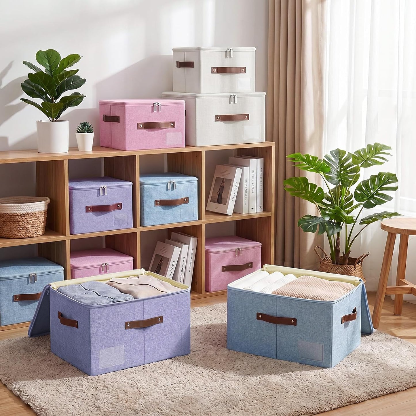Lucky Monet 3PCS Storage Bins with Zipper Lids 15"x10"x10" Foldable Lidded Fabric Storage Boxes Baskets Cotton Linen Closet Shelf Clothes Organizer with Handles & Label Pocket (Pink, Large)