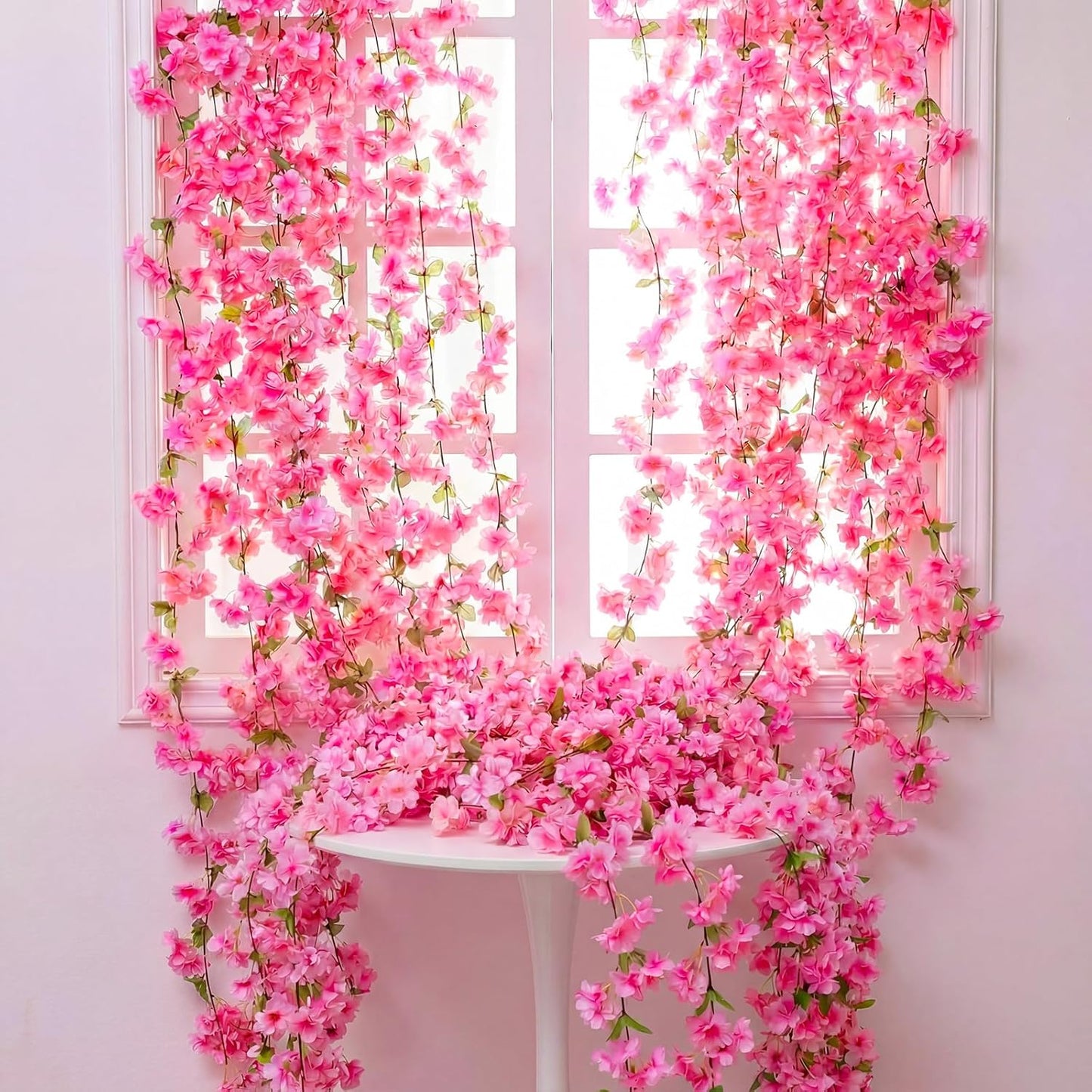 Nuenen 12 Pcs 92.5 FT Artificial Cherry Blossom Flower Vines Bulk Faux Cherry Hanging Garland Pink Flower Vines Silk Flowers Garland with Green Leaves for Party Decor (Rose Red)