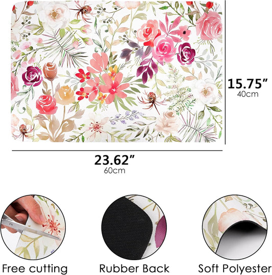 Floral Dish Drying Mat for Kitchen Countertop, 15.7 x 23.6 Inch Water Absorbing Rectangular Mat with Heat Insulated Rubber Backing, Decorative Sink and Table Pad (Pink)