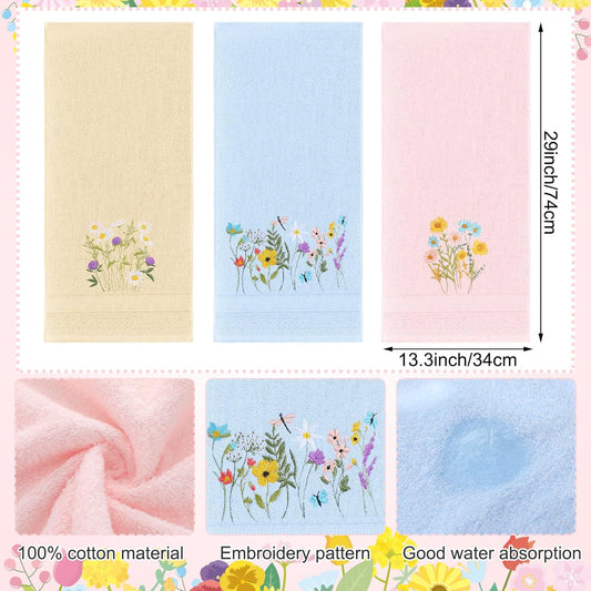 Tingjoo 3 Pcs Pastel Wildflower Hand Towels Pink Blue Yellow Wildflower Floral Bath Towels 14x29 Inch Soft Cute Flower Washable Embroidered Decorative Spring Summer Cotton Decor for Bathroom Kitchen