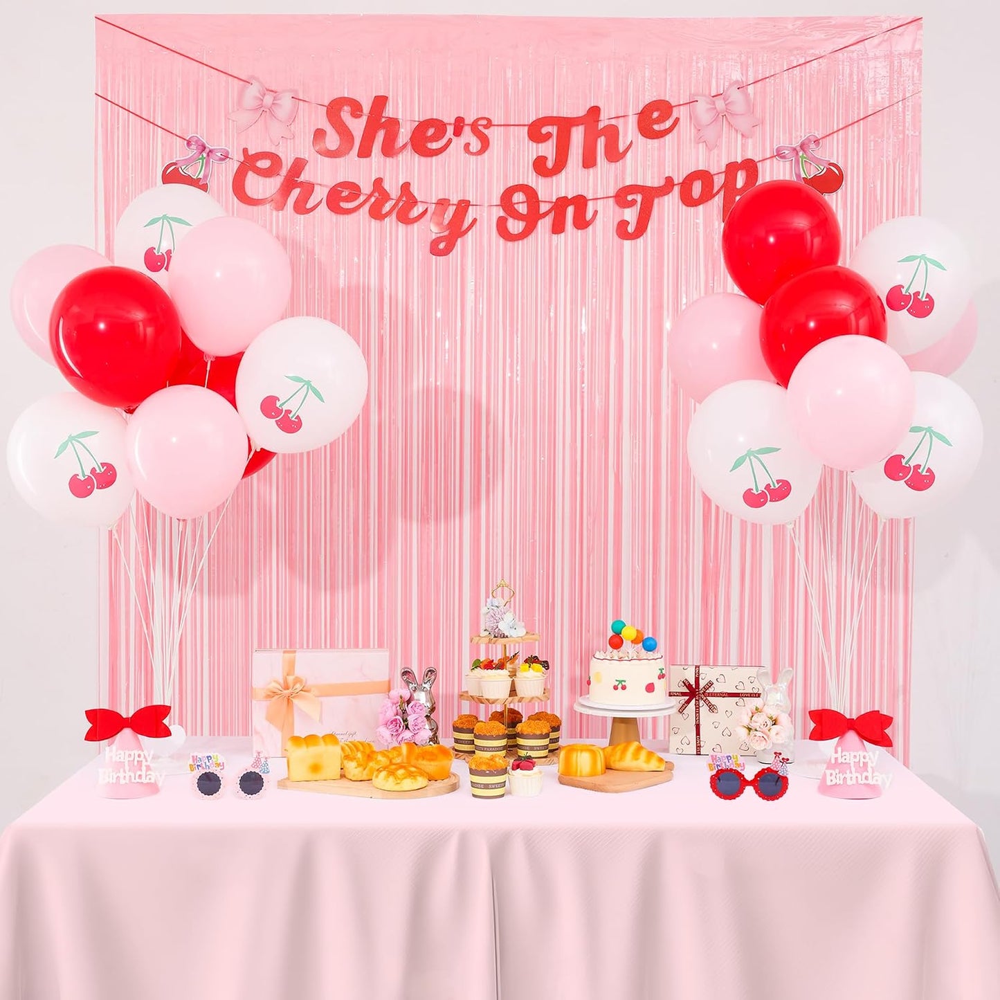 21pcs She's the Cherry on Top Baby Shower, She's the Cherry on Top Backdrop, Pink Birthday Party Decorations, Fringe Curtains with Bow Banner and Cherry Balloons, Girls Birthday Decoration