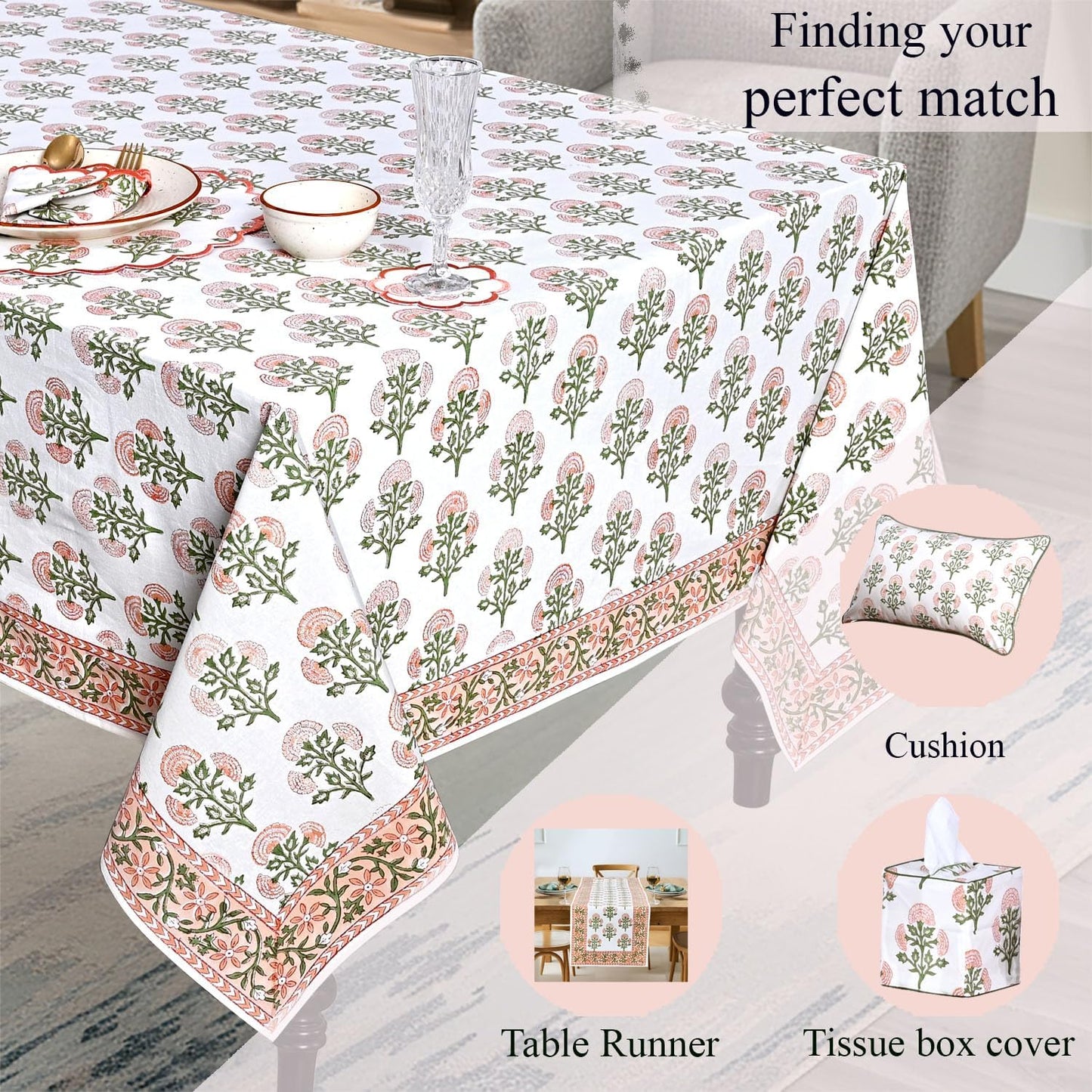 Ridhi Mughal Buta Peach Hand Block Print Cotton Rectangle Tablecloth 102" x 48" inches Reusable Table Cover Decorative Everyday Use for Dining Room, Farmhouse, Home Gift for Spring, Mother's Day