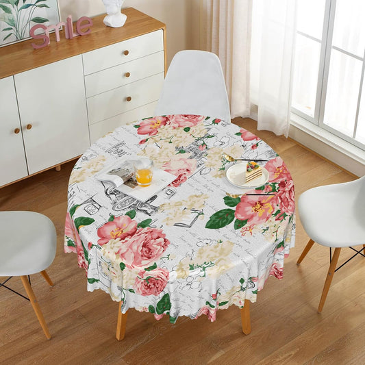 Modern Flowers Tablecloth 60 Inch Circle Vintage Style French Flower Seasonal Washable Wrinkle Free Spill Proof Polyester Wedding Birthday Round Table Cover for Dining Table Farmhouse Kitchen