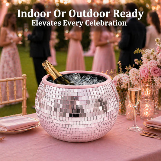 Pink Disco Ball Ice Bucket, Dual Layer Leakproof Mirrored Champagne Bucket Holds 3 Bottles with Ice, Real Glass Mosaic Party Decor for Bachelorette, Girls Night, Birthday, Centerpiece Indoor Outdoor