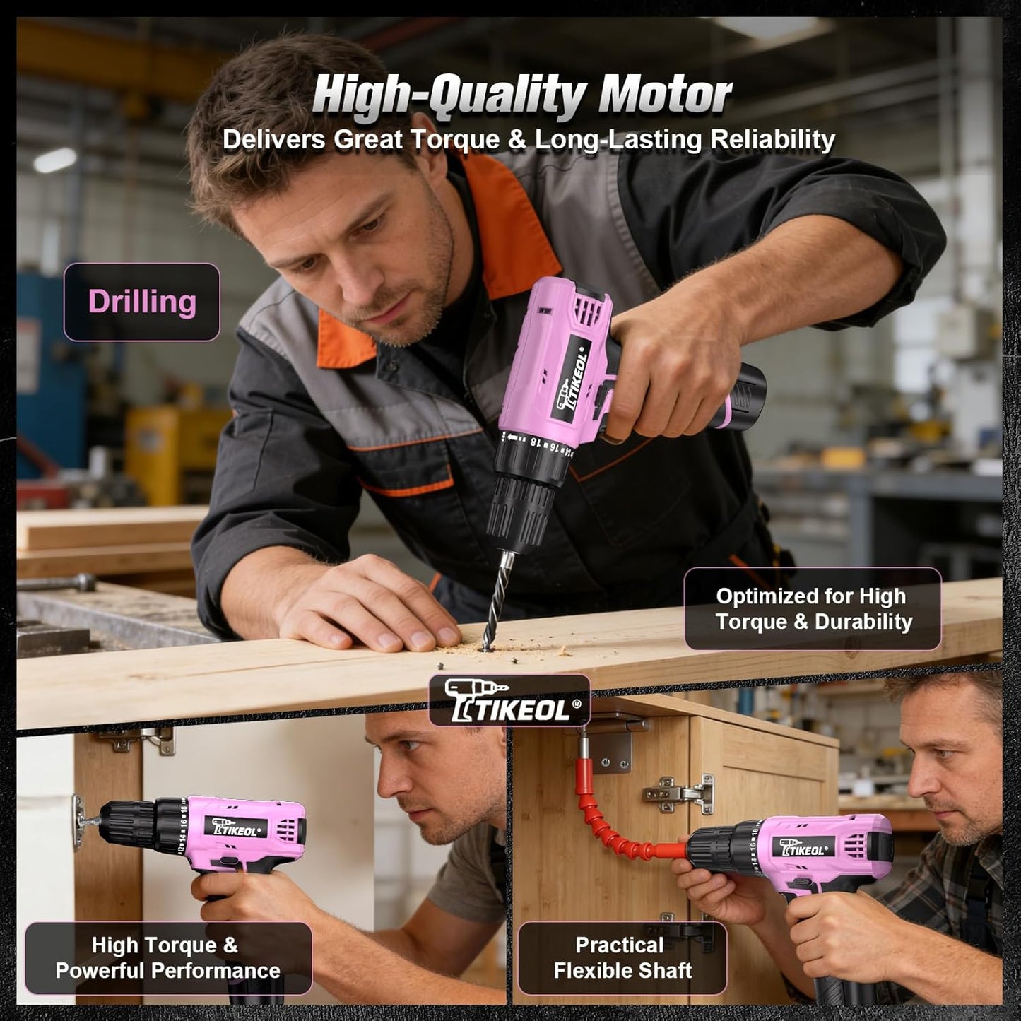 12V Cordless Drill Set with Battery & Charger, Electric Power Drill with Pure Copper Motor, 180 In-lbs Torque, 18+1 Clutch, 3/8" Keyless Chuck, LED Light, Drill Kit for Home Repair, DIY(Pink)
