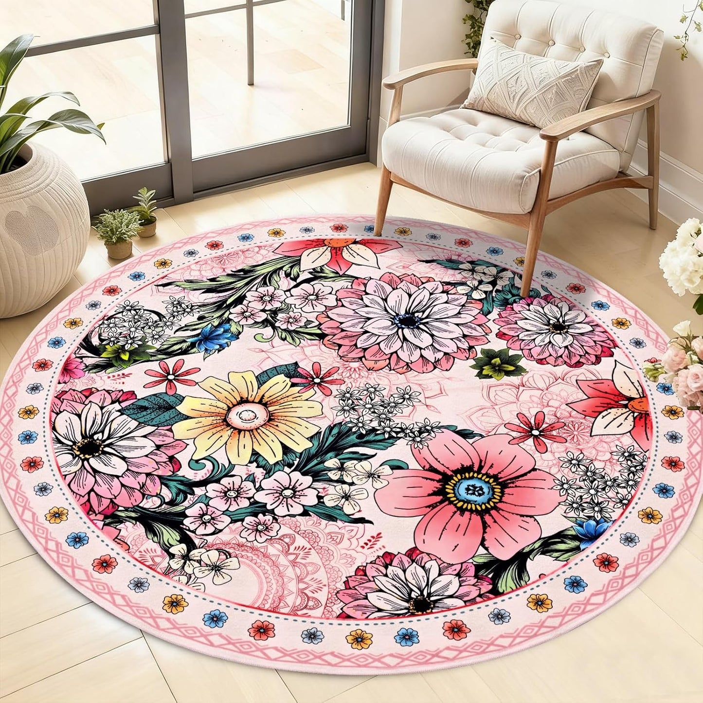 Yinhua Round Rug 4ft Rug Washable Boho Floral Rugs Non Slip, Pink Soft Circular Area Rugs Low Pile, Faux Wool Flowers Carpet for Bedroom, Entryway, Living Room, Bedroom, Dining Room, Pink