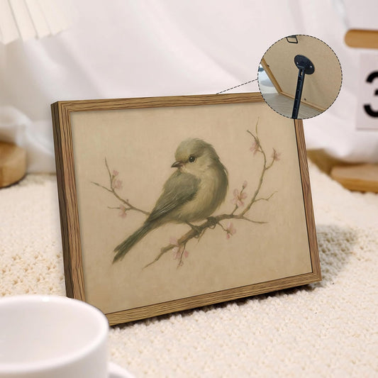 Framed Vintage Bird Canvas Wall Art, Cute Rustic Bird on Peach Blossom Print, Delicate Retro Floral Animal Painting, Elegant Nature Wall Decor for Living Room Bedroom Study Office 8x10in